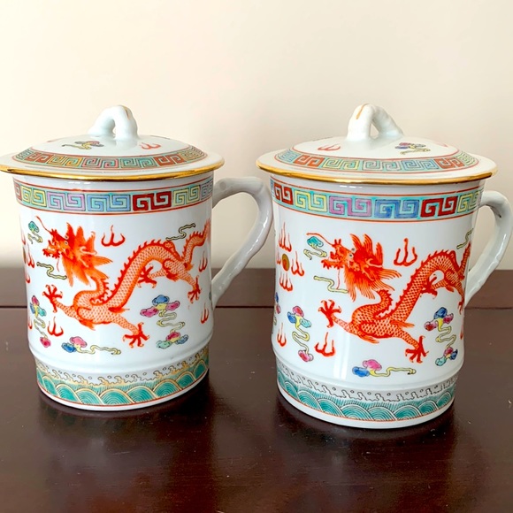 Kitchen Vintage Pair Of Chinese Porcelain Tea Cups With Lid Poshmark